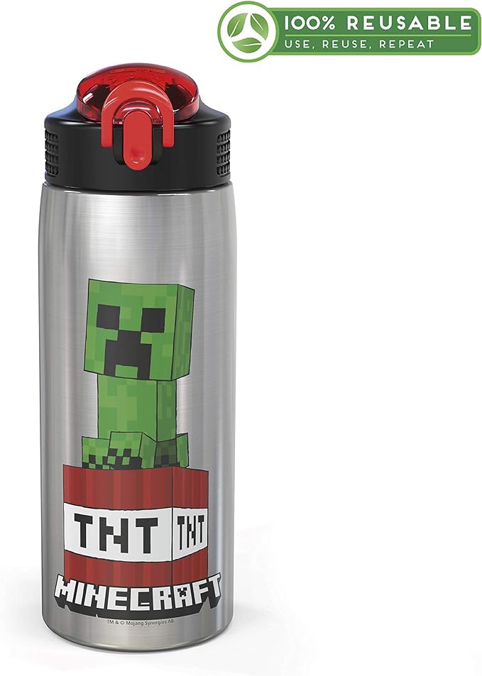 Zak Designs - MICI-V151 27oz Minecraft 18/8 Stainless Steel Water Bottle with Flip-up Straw Spout and Locking Spout Cover, Durable Cup for Sports or Travel (27oz, Minecraft Creeper)