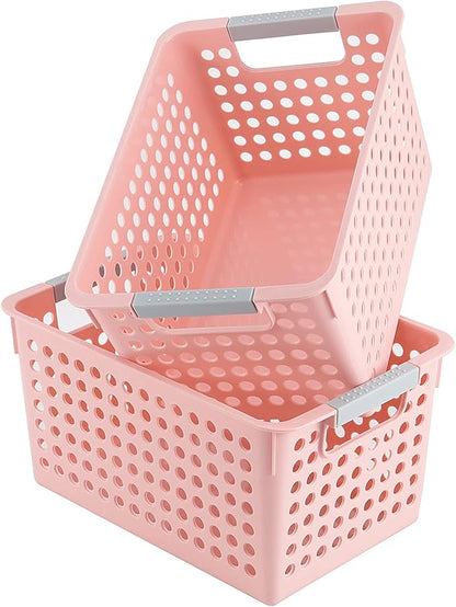 7 Pack 10.7 x 7.5 x 5.6 Inch Pink Plastic Storage Baskets, Stackable and Strong Decorative Woven Plastic Containers with Handles, Weaving Organizing Basket for Kitchen, Kids Room, Office