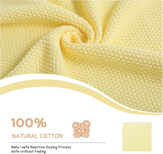 100% Cotton Baby Blanket Knit Soft Warm Lace Toddler Newborn Nursery Blanket, 30 x 40 Inches, Lemon Yellow