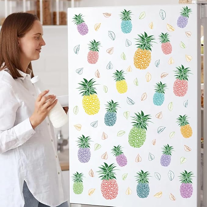 Watercolor Pineapple Window Stickers Cute Fruit Pineapple Plant Leaf Window Stickers Kitchen Kids Bedroom Living Room Dining Room Self-Adhesive PVC Removable Home Decor Wall Stickers Wallpaper