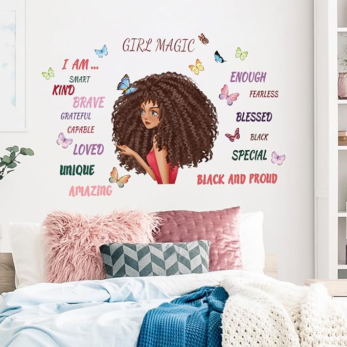 Black Girl Butterfly Wall Decals African Girl Inspirational Words Wall Stickers Inspirational Home Afro Kid Room Decoration Bedroom Playroom Art Gift