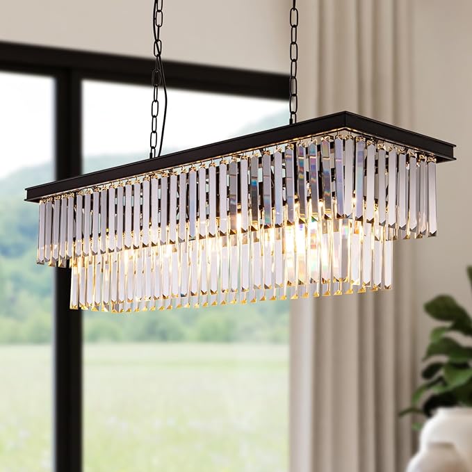 Wellmet Black Crystal Chandelier 40 inch for Dining Room, 11-Light Modern Linear Chandelier Ceiling Hanging, Farmhouse Chandeliers Light Fixture for Living Room, Dining Table, Bedroom, Kitchen Island