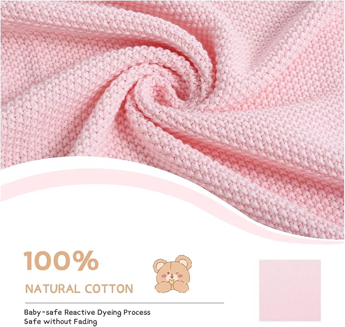 100% Cotton Baby Blanket Knit Soft Warm Lace Toddler Newborn Nursery Blanket,30 x 40 Inches, Light Pink