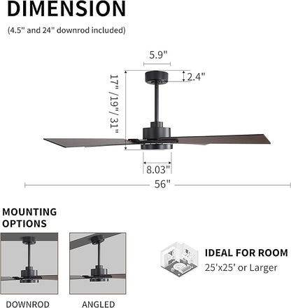 WINGBO 72 Inch DC Ceiling Fan with Lights and Remote, 4 Plywood Blades, 6-Speed Reversible DC Motor, Dimmable, 3CCT, Large Ceiling Fan for Bedroom Living Room Kitchen, Black and Walnut/Shadowed Walnut