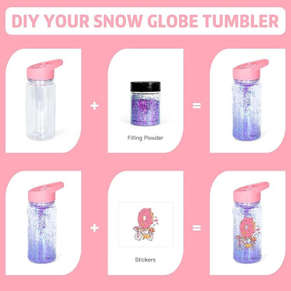 10oz Double Wall Clear Water Bottle Bulk Plastic Snow Globe Tumbler with Handle Lid, 4 Pack Acrylic Pre-Drilled Hole With Stopper Sippy Snow Globe Kid Water Bottle for Scool Sport DIY Gift, Pink