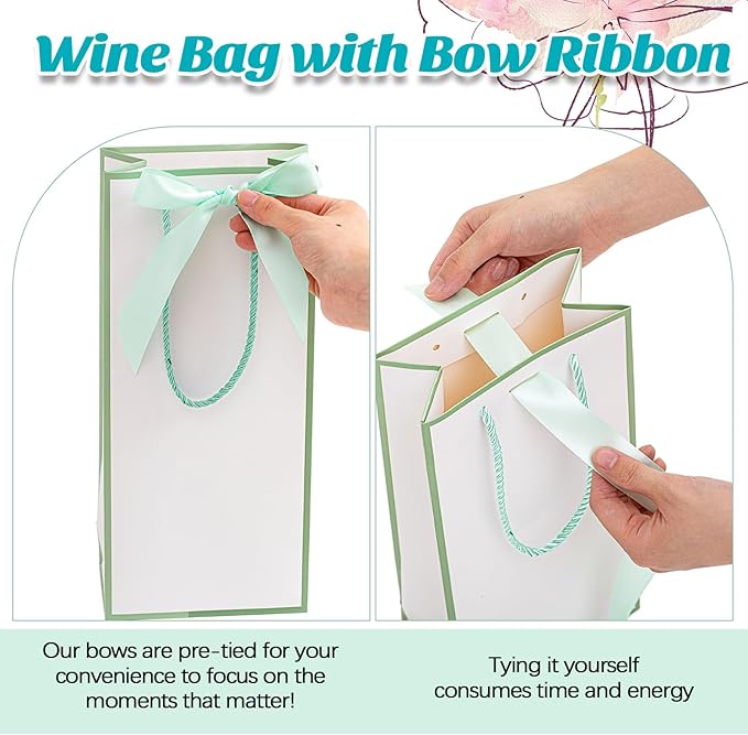 12 Pcs Wine Gift Bag with Ribbon Bow Reusable Liquor Bag with Foil Print Wine Bag Elegant Thank You Wine Gift Bag for Christmas Valentine's Day Wedding Shower Birthday Holiday (White Green)