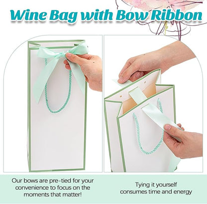 12 Pcs Wine Gift Bag with Ribbon Bow Reusable Liquor Bag with Foil Print Wine Bag Elegant Thank You Wine Gift Bag for Christmas Valentine's Day Wedding Shower Birthday Holiday (White Green)