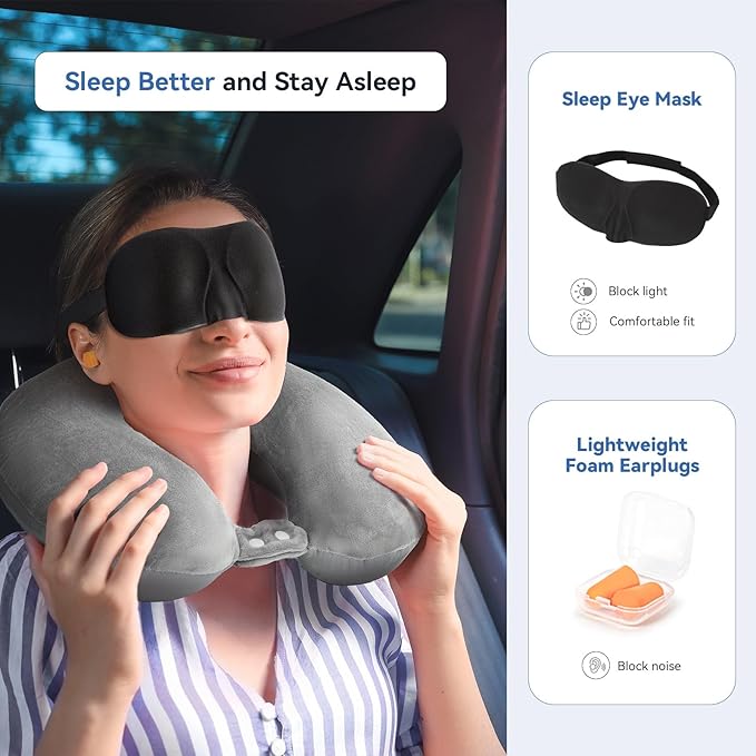 Cooling Travel Pillow, Neck Pillow Airplane Memory Foam Double-Side with Sleep Mask Earplugs, Soft & Support Airplane Pillow for Travelling Plane Car Train Home Use, Grey