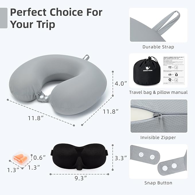 Travel Pillow, Cooling Neck Pillow Airplane Memory Foam with Sleep Mask Earplugs, Soft & Support Airplane Pillow for Travelling Plane Car Train Home Use, Grey