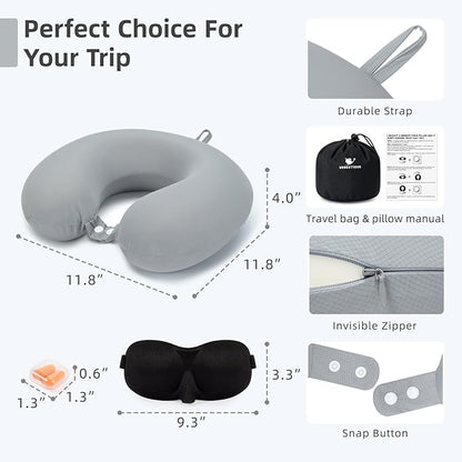 Travel Pillow, Cooling Neck Pillow Airplane Memory Foam with Sleep Mask Earplugs, Soft & Support Airplane Pillow for Travelling Plane Car Train Home Use, Grey