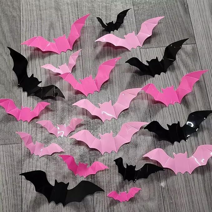 48 Pcs Halloween Wall Decor 3D Bats Wall Decals Removable Rose Pink Black Designs DIY Halloween Decorations Stereo Bats Wall Stickers for Halloween Party Indoor Home Kitchen Bedroom Decorations