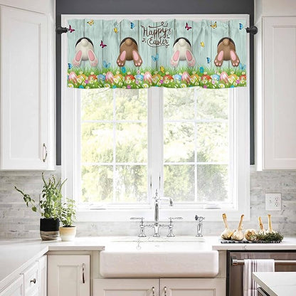 Vandarllin Spring Easter Kitchen Curtains and Valances Set, Funny Bunny Tails Rabbit Window Tiers Floral Farmhouse Half/Short Curtains for Small Windows Cafe/Living Room/Bedroom 54x 36 in