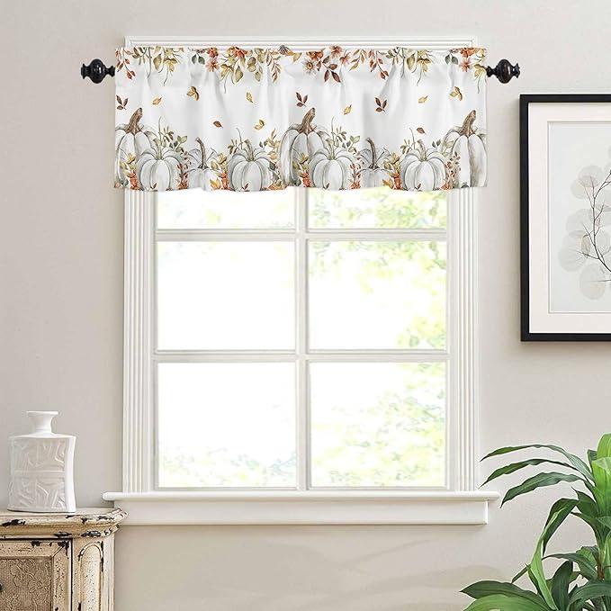 Vandarllin Fall Floral Leaves Kitchen Curtains and Valances Set, Thanksgiving Pumpkins Small Windows Treatments Tiers Half/Short Curtains for Cafe/Living Room/Bedroom 54x24 in-, Boho