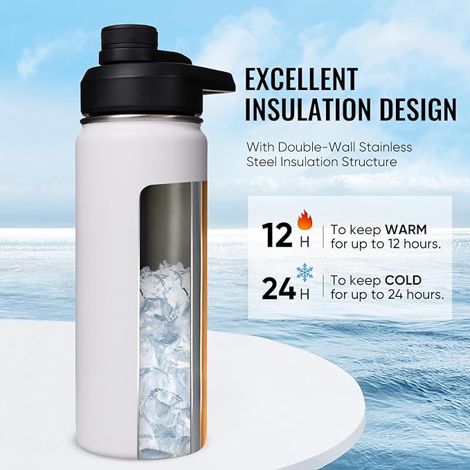 18oz Insulated Water Bottle with Handle, Stainless Steel Water Bottles with Wide Mouth, Double Wall Vacuum Sports Water Bottle, BPA Free, Keep Cold and Hot, White