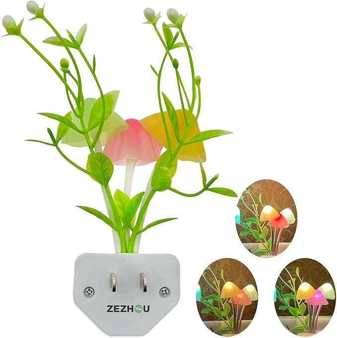 ZEZHOU Smart Sensor Led Night Lights 2 Pack, 7 Color Changing w/Dusk to Dawn Sensor Auto On/Off Mushroom Dream Bed Nightlight, 0.6W Plug-in Wall Lamp, Gift Ideal for Nursery Baby Kids Children Adults