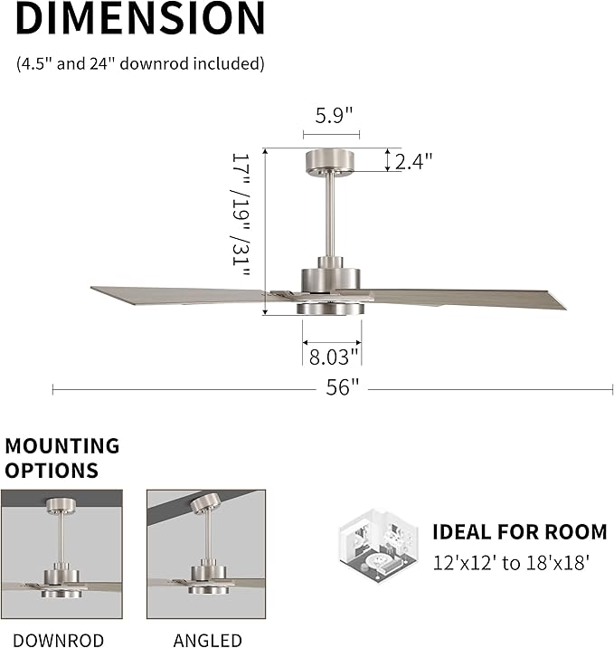 WINGBO 56 Inch DC Ceiling Fan with Lights and Remote, 4 Plywood Blades, 6-Speed Reversible DC Motor, Dimmable, 3CCT, Farmhouse Ceiling Fan for Bedroom Living Room Kitchen, Brushed Nickel and Gray