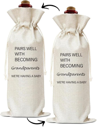 Burlap Wine Bags Gift for New Grandpa Grandma, Reusable Wine Gift Bags with Drawstrings for Pregnancy Announcement Baby Shower Thanksgiving Christmas Appreciation Party Home Storage - 01