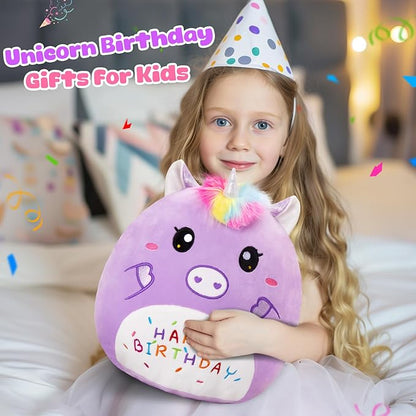 14” Birthday Unicorn Plush Pillow,Cute Unicorn Stuffed Animal,Soft Unicorn Plushies Pillow,Happy Birthday Unicorn Plush Toy Birthday Gifts for Kids Toddlers Girls Boys Room Decor (Purple)