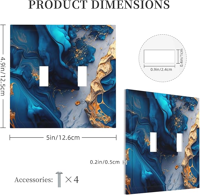 Abstract Gold and Blue Marble Double Toggle Light Switch Covers 2 Gang Wall Plate Dual Decorative Switchplate Electrical Faceplate for Bathroom Country Kitchen Bedroom Decor, 4.9" x 5"