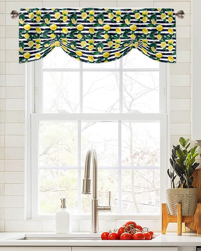 Tie Up Valance for Kitchen Living Room Farmhouse - Lemon and Stripe Pattern Rod Pocket Adjustable Tie-up Shade Valance for Small Window, Window Valance Balloon Drape for Bathroom 60x18 inches