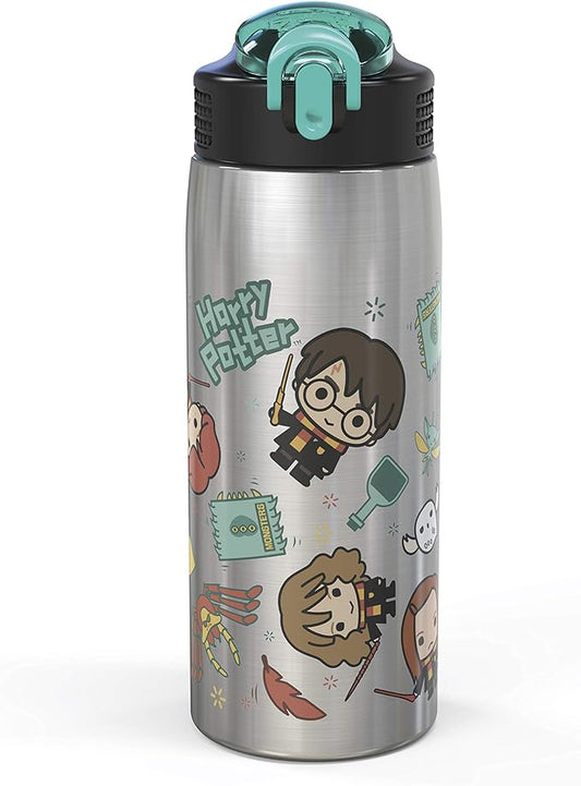 Zak Designs 27oz Harry Potter 18/8 Single Wall Stainless Steel Water Bottle with Flip-up Straw and Locking Spout Cover, Durable Cup for Sports or Travel (27oz, Harry Potter)