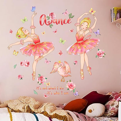 Ballerina Girl Wall Decals Dancing Girl Swan Dance Wall Stickers Swan Rose Butterfly Decor Inspirational Home Kid Room Decoration Bedroom Playroom Art Gift