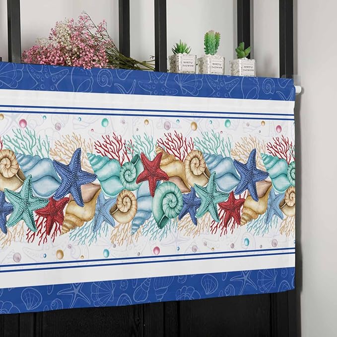 Vandarllin Coastal Beach Kitchen Curtains Valances for Windows Nautical Ocean Seashell Coral Starfish Rod Pocket Window Treatment for Kitchen/Living Room/Bedroom/Bathroom, 60" X 18", Blue Teal Summer