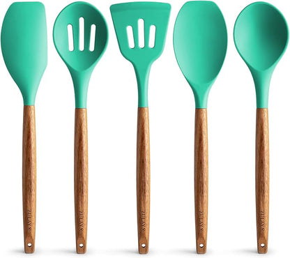 Zulay Kitchen Utensils Set - Non-Stick Silicone Cooking Utensils Set with Authentic Acacia Wood Handles - 5 Piece Silicone Utensil Set - Silicone Kitchen Utensils Set (Mint)