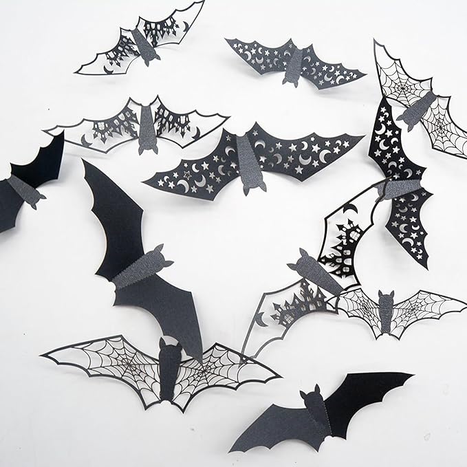 24Pcs Halloween Decorations Large Hollow Bats Wall Decor 3D Halloween Wall Decals PVC Scary Bat Stickers for Kitchen Bedroom Fireplace Bathroom Home Indoor Outdoor Halloween Party Decorations