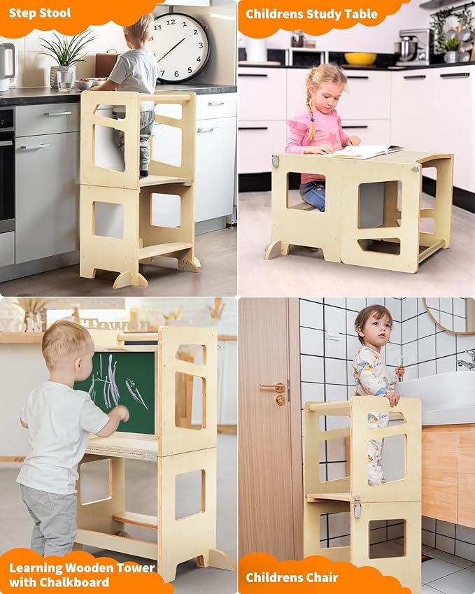 Toddler Tower, Toddler Kitchen Stool Helper, Foldable Weaning Table with Chalkboard and Safety Rail, Montessori Kids Toddler Standing Tower and Kids Step Stool for Bathroom and Counter