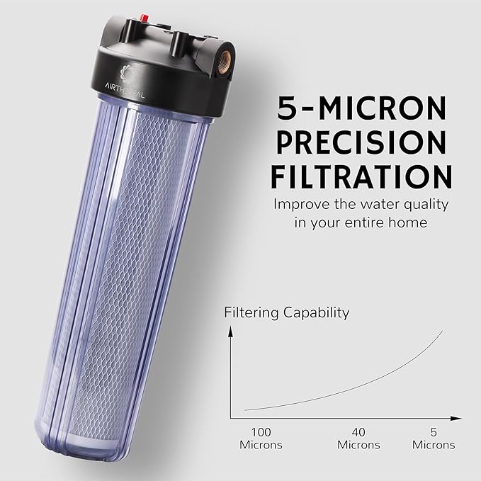 Airthereal Whole House Water Filter Housing, Sediment Filters for Well and City Water, 20"x4.5" Sediment Whole House Water Filter Cartridges, Pre-Filtration System for Home, includes1-Pack CTO Filter