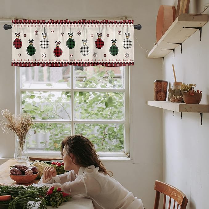 Vandarllin Christmas Kitchen Curtains Valances for Windows Vintage Buffalo Plaid Christmas Balls Rod Pocket Window Treatment for Kitchen/Living Room/Bedroom/Bathroom,60" X 18" -1 Panel, Farmhouse