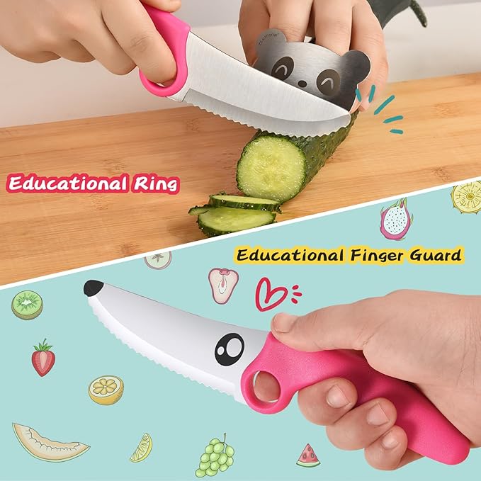 Toddler Knife Set for Real Cooking Montessori Kitchen Tool, Nylon Handle & Stainless Steel Blade Safe Edge for Beginner Training Cutting Knives Set (Pink)