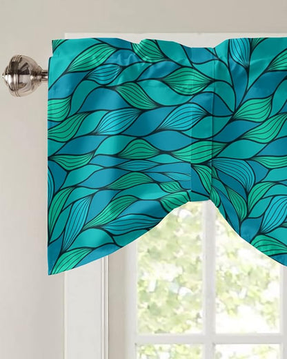 Tie Up Valance for Kitchen Living Room Farmhouse - Abstract Wave Ripple Bule Green Rod Pocket Adjustable Tie-up Shade Valance for Small Window, Window Valance Balloon Drape for Bathroom 42x18 inches