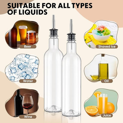 8 Pack 25oz Plastic Long Neck Bottles with 8 Stainless Steel Pourer and Caps Fruit Juice Liquor Syrup Pour Bottles Reusable Leakproof Tapered Spout Bottles for Home School Birthday Party Bar