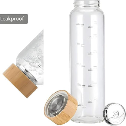 1Liter Borosilicate Glass Water Bottle with Bamboo Lid & Wide Mouth, Tea Infuser, Time Markers, and Motivational Design, Include Sleeve for Durability & Secure Grip., Nar02