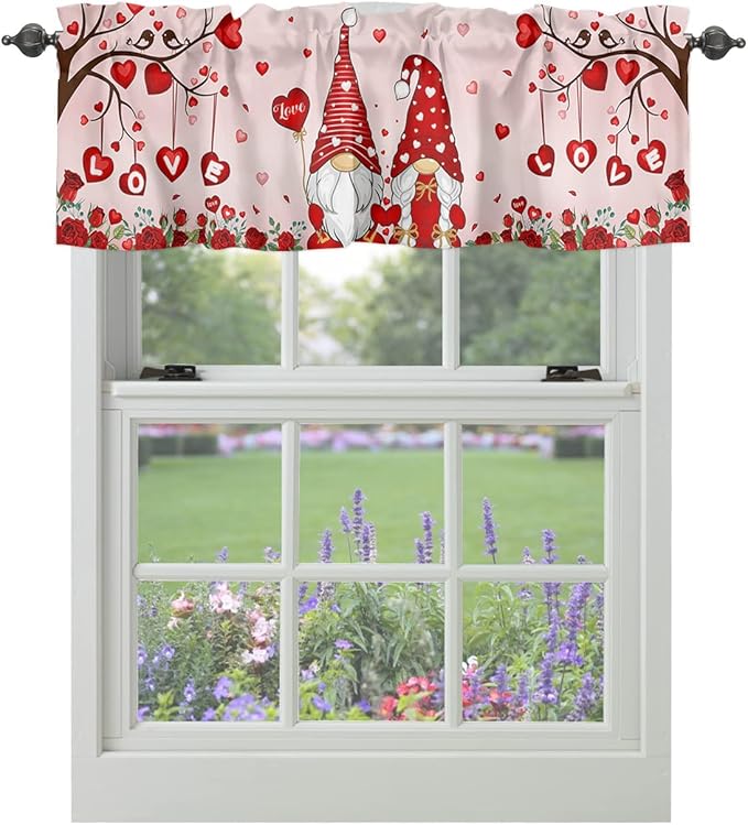 Vandarllin Valentines Day Decor Valances Kitchen Curtains for Windows, Valentine's Hearts Gnomes Love Tree Rod Pocket Valances Red Roses Short Curtains for Bedroom/Living Room,54" X 18" -1 Panel