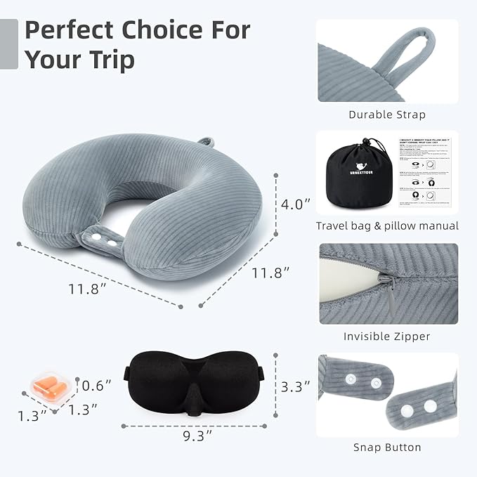 Travel Pillow, Neck Pillow Airplane Memory Foam with Sleep Mask Earplugs, Soft & Support Fleece Airplane Pillow for Travelling Plane Car Train Home Use, Grey