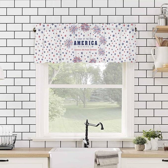 Vandarllin 4th of July Kitchen Curtains Valances for Windows Patriotic America Stars Fireworks Rod Pocket Window Treatment for Kitchen/Living Room/Bedroom/Bathroom, 42" X 12", Red White Blue