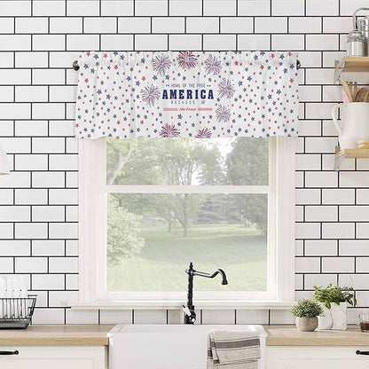 Vandarllin 4th of July Kitchen Curtains Valances for Windows Patriotic America Stars Fireworks Rod Pocket Window Treatment for Kitchen/Living Room/Bedroom/Bathroom, 60" X 18", Red White Blue