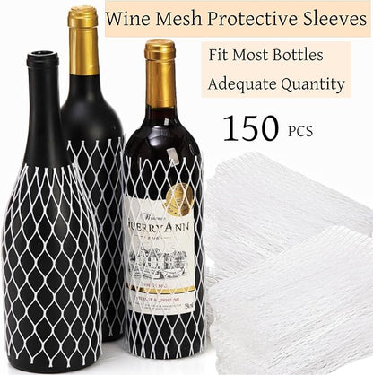 150 Pieces Wine Mesh Protective Sleeves, 8 Inch Long Mesh Liquor Bottle Protector, PE Net Mesh Sleeves for Wine Glass Bottle, Keep Bottles Safe While Traveling or in Transportation, White