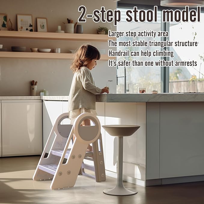 3 Step stools for Kids, Toddler Tower, Toddler Step Stool for Bathroom Sink, Kitchen Counter Helper, Toilet Potty Training, with Safety Handles and Non-Slip Desgin (Grey-White)