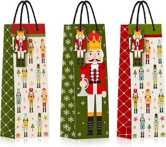 Whaline 12Pcs Christmas Wine Bottle Gift Bags Christmas Nutcracker Bottle Bag with Name Tag Xmas Paper Wine Bag with Handle for Winter Wedding Party Favor Hostess Gift Home Table Decoration