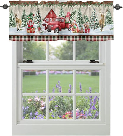 Vandarllin Christmas Farmhouse Kitchen Curtains Valances for Windows Red Truck Gnomes Rod Pocket Window Treatment for Kitchen/Living Room/Bedroom/Bathroom,42" X 18" -1 Panel, Winter Holiday Snowman