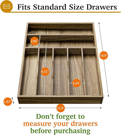 Acacia Wood Silverware Drawer Organizer, Kitchen Utensil Cutlery Drawer Organizer with Grooved Dividers, Flatware Organizer Silverware Tray Holder for Spoon, Fork, 13''x16.9'' (7 Slots)