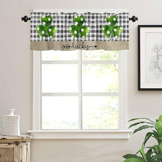 Vandarllin St. Patrick's Day Lucky Clover Shamrocks Valances Kitchen Curtains for Windows, Farmhouse Buffalo Plaid Rod Pocket Valances Short Curtains for Bedroom/Living Room,54" X 18" -1 Panel