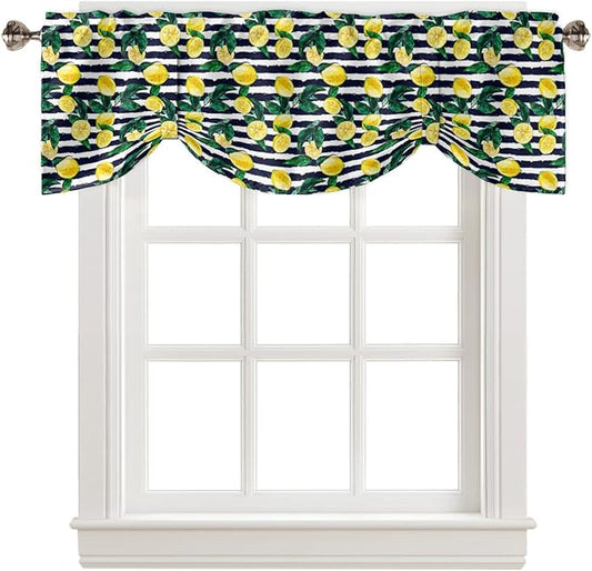 Tie Up Valance for Kitchen Living Room Farmhouse - Lemon and Stripe Pattern Rod Pocket Adjustable Tie-up Shade Valance for Small Window, Window Valance Balloon Drape for Bathroom 60x18 inches