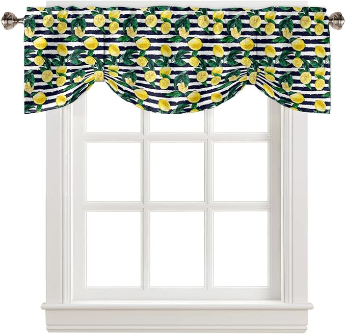 Tie Up Valance for Kitchen Living Room Farmhouse - Lemon and Stripe Pattern Rod Pocket Adjustable Tie-up Shade Valance for Small Window, Window Valance Balloon Drape for Bathroom 42x18 inches