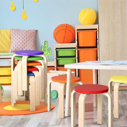 6 Pcs 12 Inch Bentwood Stacking Stool for Kids Colored Durable Round Nesting Stool Flexible Wood Stackable Stool Chairs for Playroom Daycare Home Classroom (Classic Color)