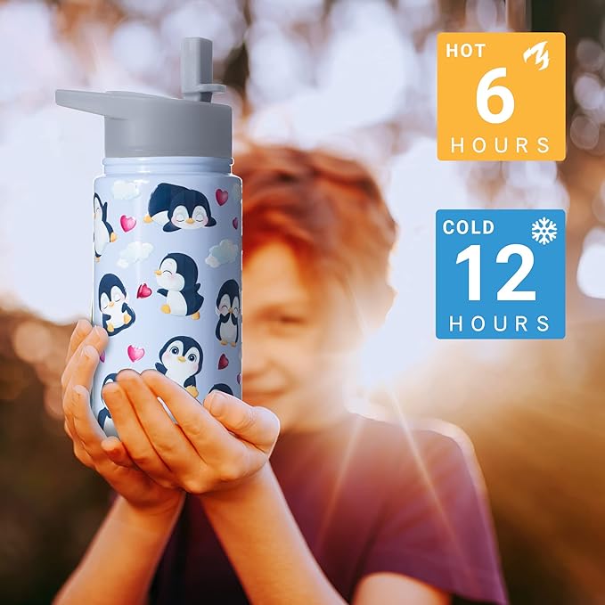 15oz Penguin Insulated Stainless Steel Water Bottle With Straw & Brush, Christmas Birthday Gifts for School - Hand Wash Only